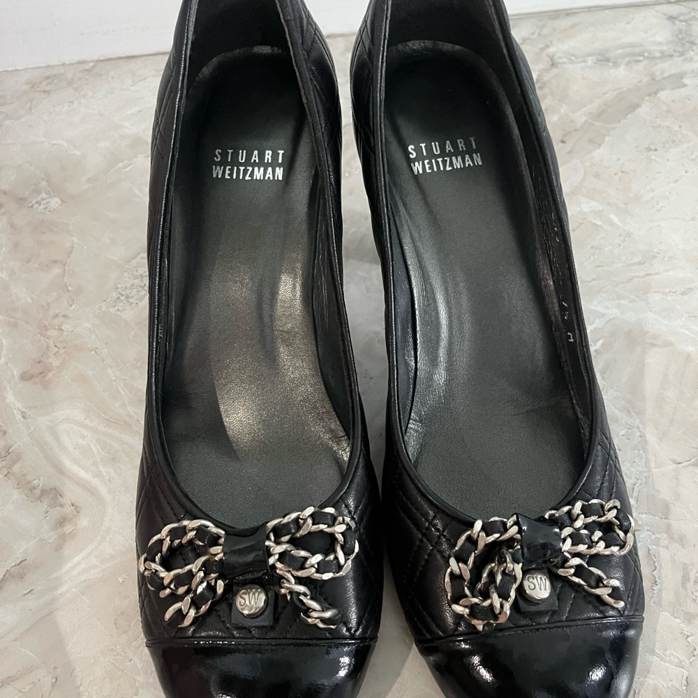 Stuart Weitzman Black and Silver Heels with Decorative Bow